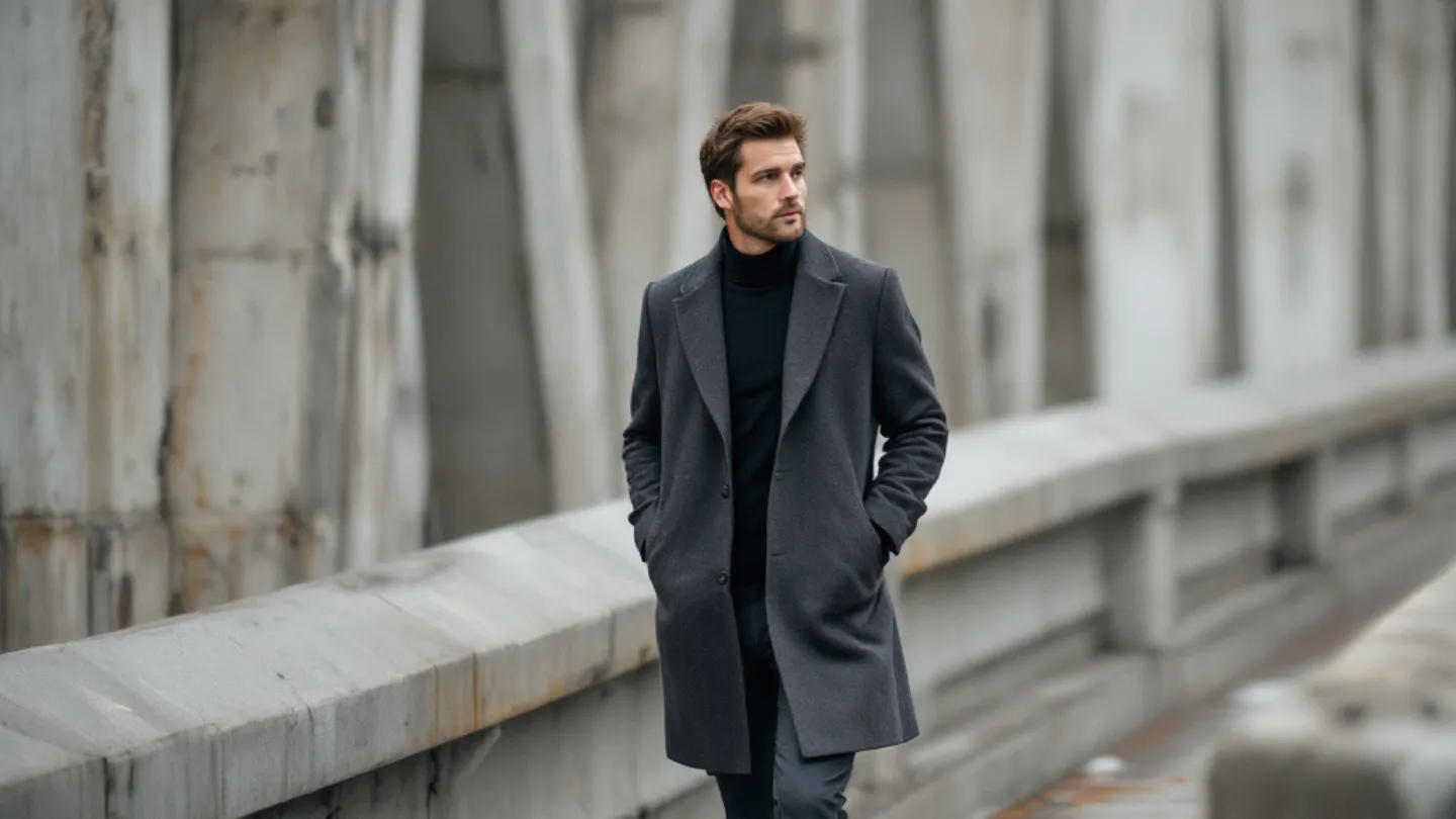 A man in a charcoal wool overcoat and black roll-neck walking across a concrete bridge under flat editorial light