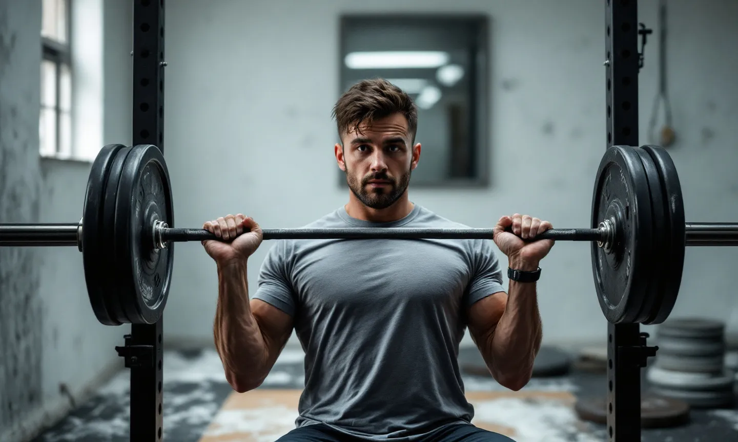 A man mid-set on a barbell row in a plain, worn-in gym, sweat showing through a grey t-shirt under fluorescent light