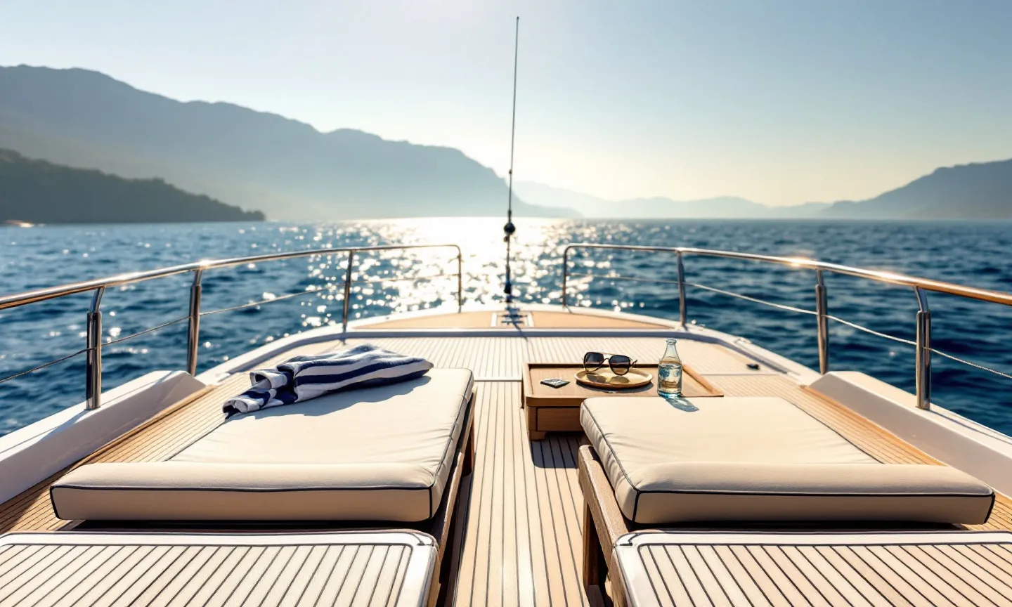 The teak aft deck of a yacht at anchor — sun loungers and a folded towel, open blue water beyond the swim platform