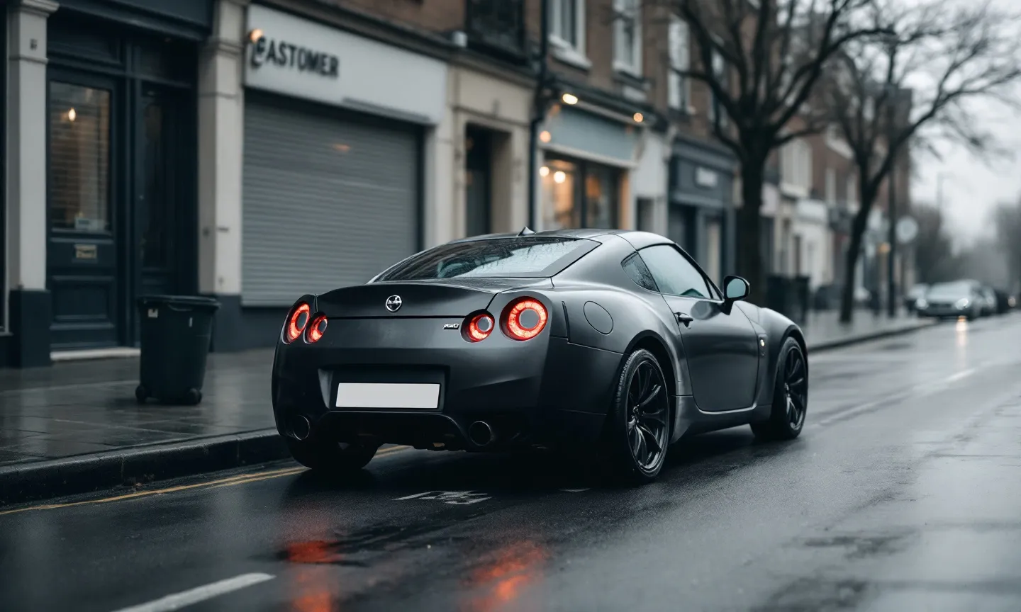 A badge-free mid-engine supercar parked on a wet street, shot three-quarter from behind under flat overcast light