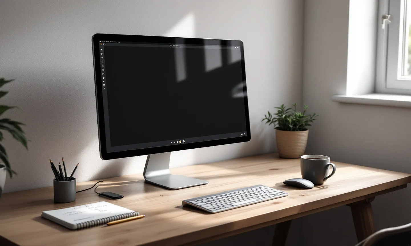 A desktop monitor on a wooden desk showing an image-generation app, beside a notebook and a mug of coffee in daylight