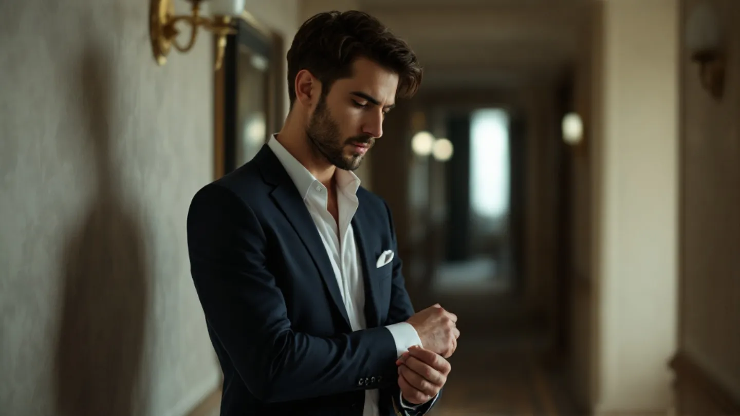 A man in a tailored navy suit adjusting his shirt cuff in a quiet, daylit hotel corridor