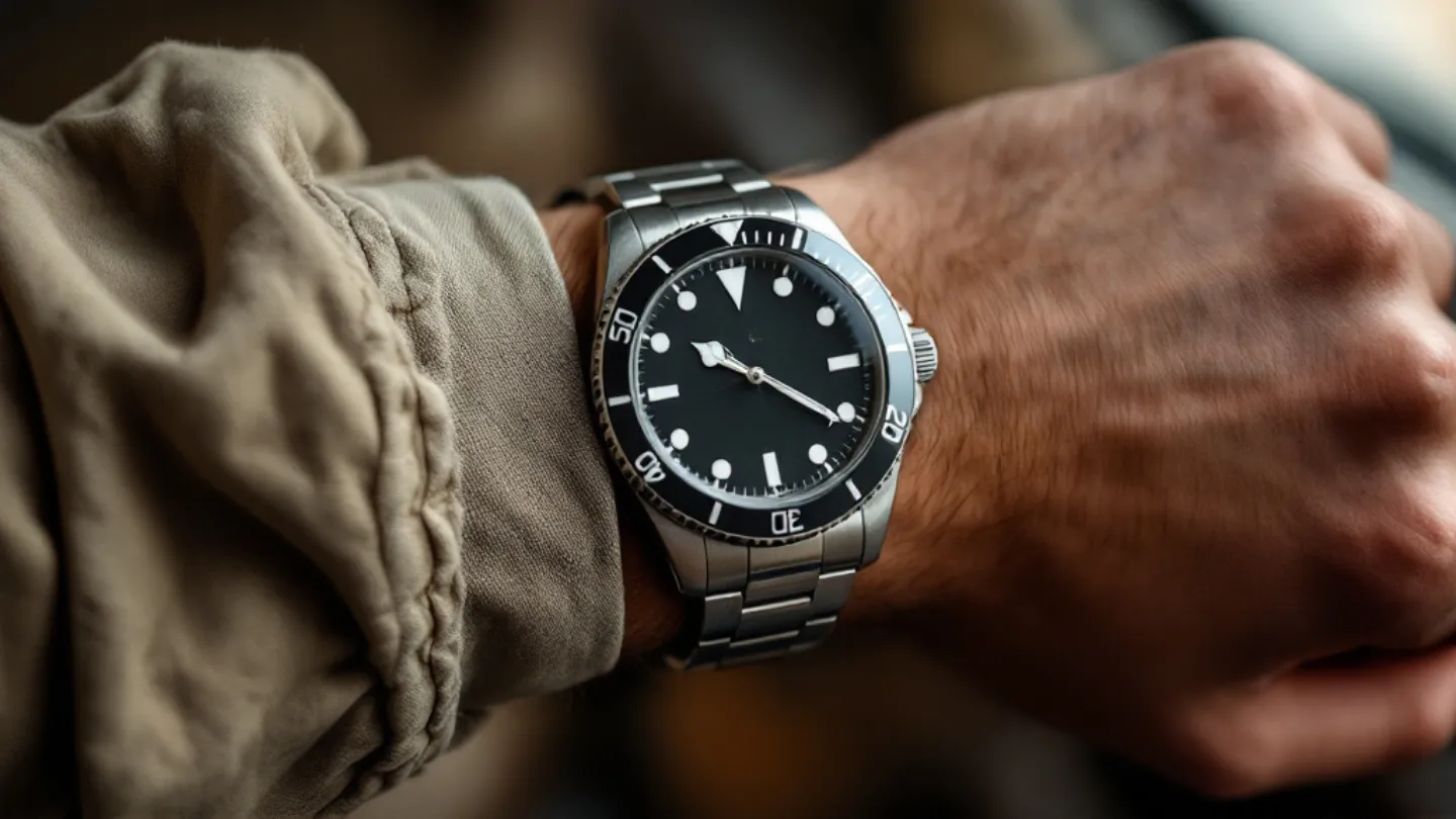 A close wrist shot of an unbranded steel dive watch on a man's wrist in soft window light, with visible skin and metal texture